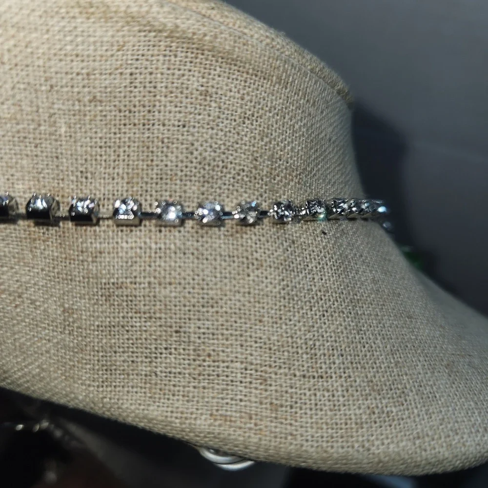 Scaasi Green Crystal Bib Necklace‎ Silver Tone Rhinestone Statement
